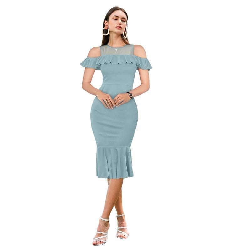 Women's Knitting Stretchable Solid Round Neck Sleeveless Dresses (Pista, M)-PID56814
