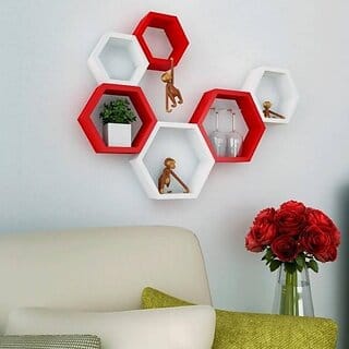 Onlinecraft Wooden Wall Decor Wooden Wall Shelf (Number Of Shelves - 6, Red, White, Multicolor)