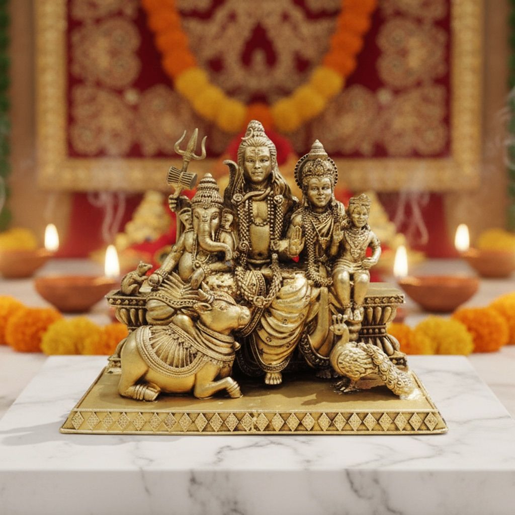 Brass Shiv Parivar Idol Statue for Home Temple, Extra Large Size, Height : 5 Inch (BSMAS1932 J)