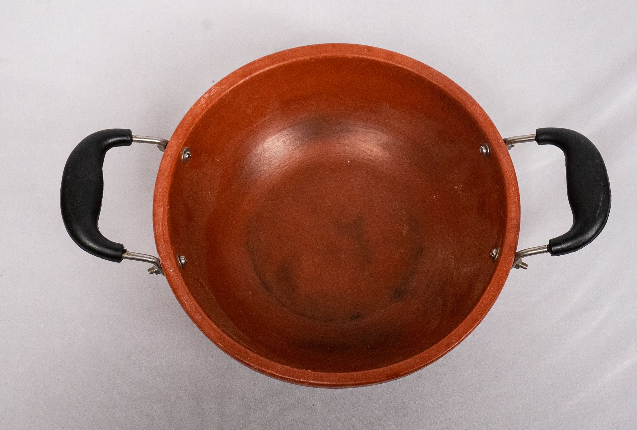 **Handmade Clay Kadhai with Iron Handle for Cooking and Serving**