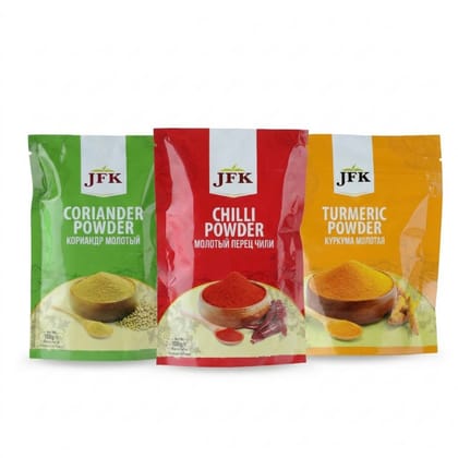 JFK 3 Spice Combo Pack, Turmeric Powder, Coriander Powder & Red Chilli Powder - 300 g