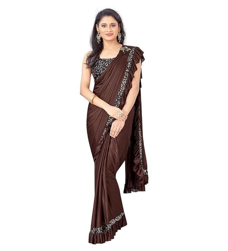 Women's licra Solid Saree With Unstitched Blouse (Brown)-PID53554