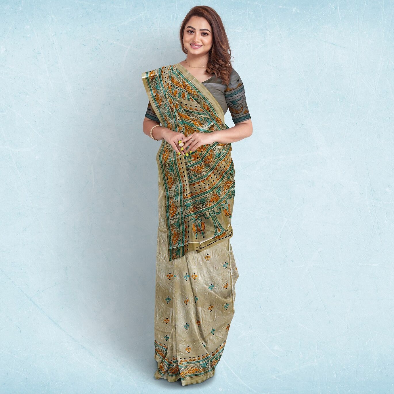 Light Taupe Floral Kantha Stitch Tussar Silk Saree