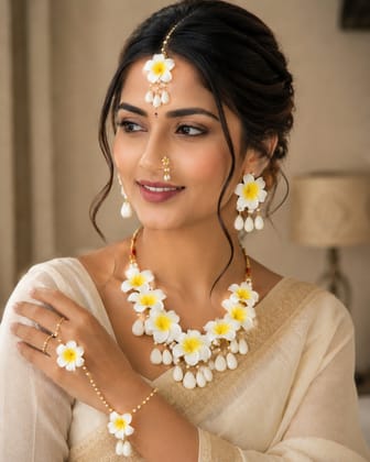 Traditional White and Yellow Flower Jewellery Set for Haldi Ceremony