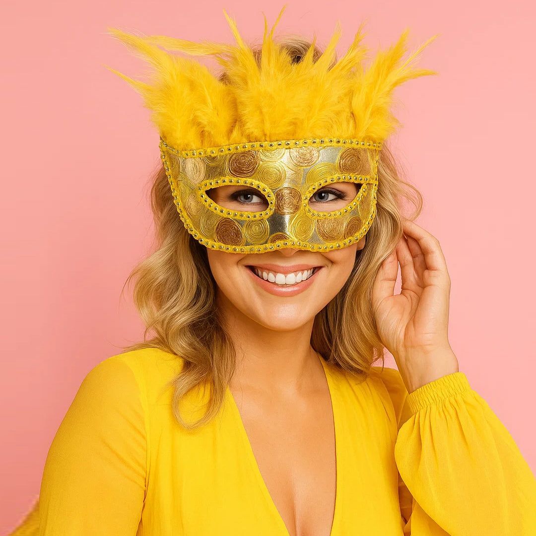 Glitter Eye Mask with Golden Swanky Feathers - 1PC