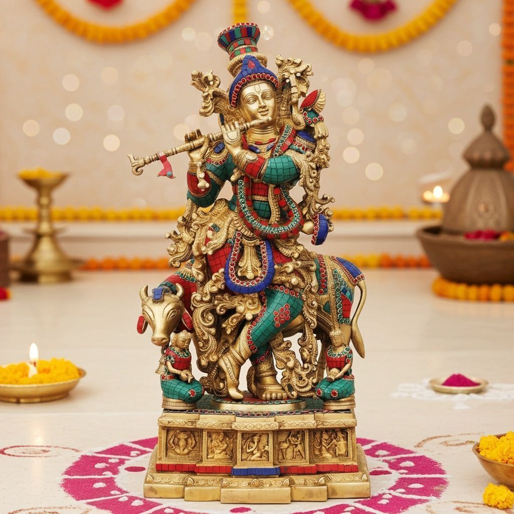 Brass Cow Krishna Big Stone Idol (BSMAS300 B)