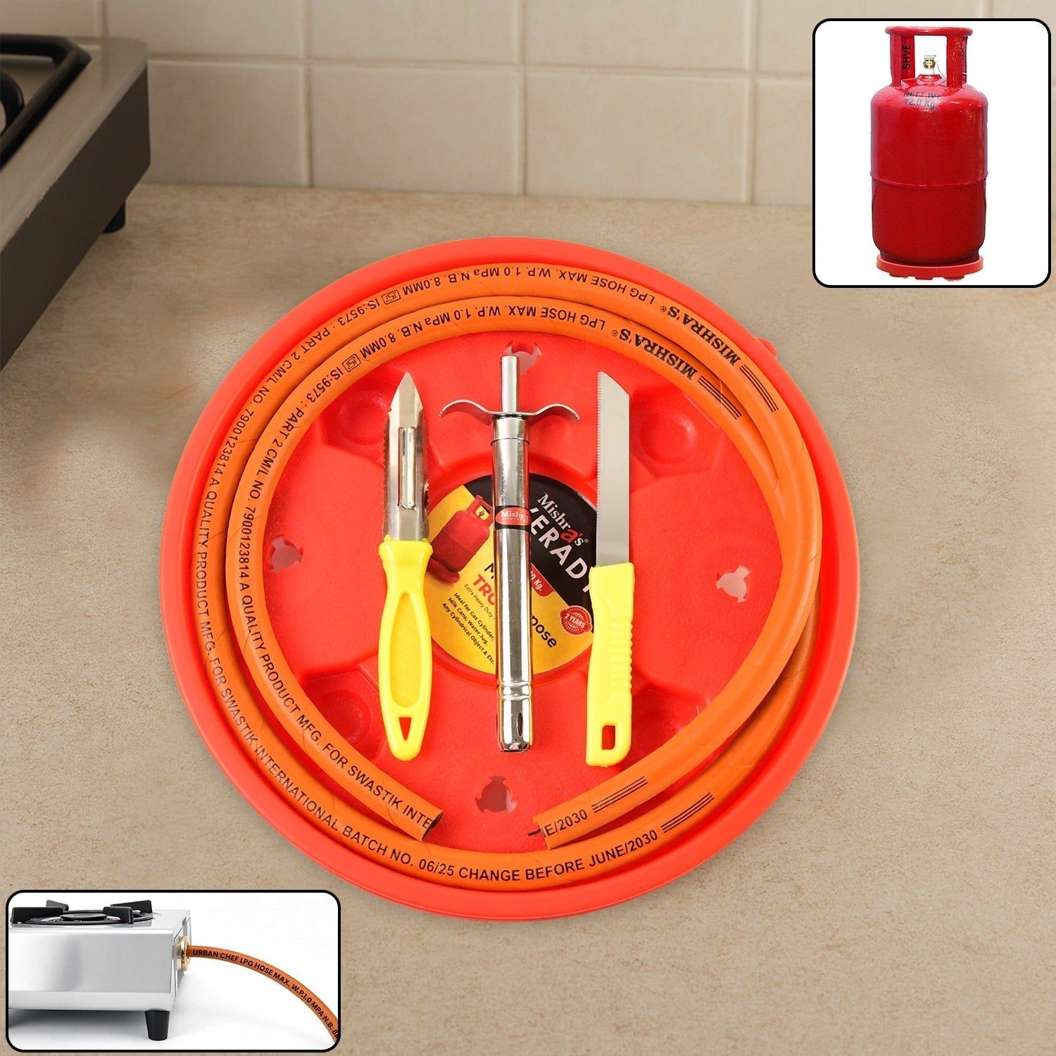 Mishra's 5-Piece Multipurpose LPG Kitchen Combo Set with Gas Pipe, Cylinder Trolley, Knife, Lighter & Peeler