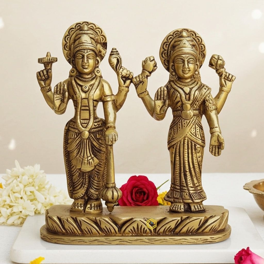 Brass Vishnu Laxmi Ji Statue - Home Temple God Idol, Height : 5.5 Inch (BSMAS1352 D)