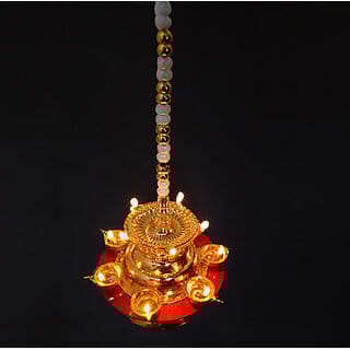 12 Deep Hanging Single Step 2 Layer Electric Gold LED Diya for Temple ,Pooja Plastic Hanging Diya Set(Height: 15 inch)