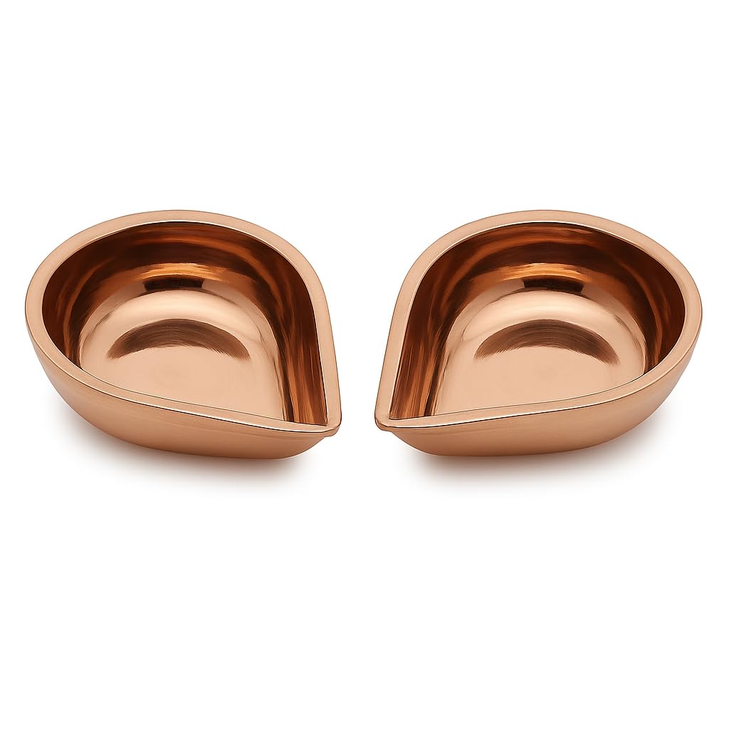 Copper Diya (Pack of 2) - 64 mm Length x 54 mm Width - Home Decor Oil Lamp - Vilakku for Pooja Room - ????????? ????- Decorative Items - Diyas for Puja - Diya Set - Traditional