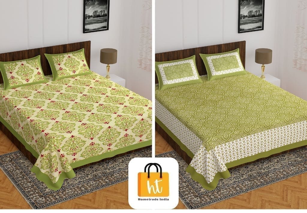 2201-Hometrade India- Standard Double Size (90*100 in )-Combo Jaipuri Double bedsheet With Matching Pillow Cover