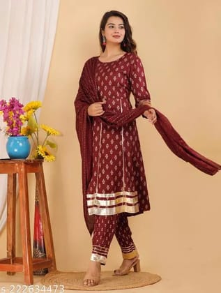 Women Cotton Rayon Printed Anarkali Kurti With Heavy Gota Work Design Along With Pant And Dupatta With Lace Border