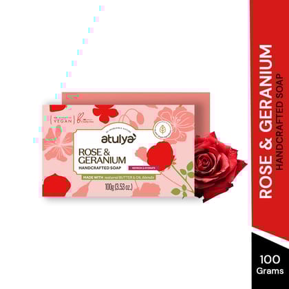 Atulya Rose & Geranium Handcrafted Soap | Nourishes skin | Anti-ageing - 100gm