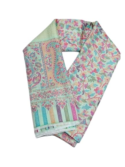 Floral Paisley Print Shawl, Mint Green with Multicolour Border, Traditional Design