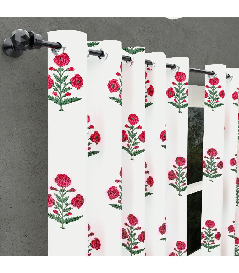 Ocean Enclave Floral Harmony Curtains  Hand Block Print in Cotton ( 5 Feet )