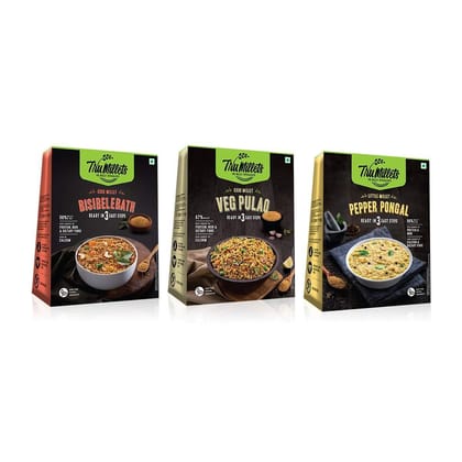 ruMillets Ready to Cook Combo � Pepper Pongal, Bisibelebath & Veg Pulao | 200g Each (Pack of 3) | Millet-Based Instant Meals | Healthy, Wholesome & No Preservatives