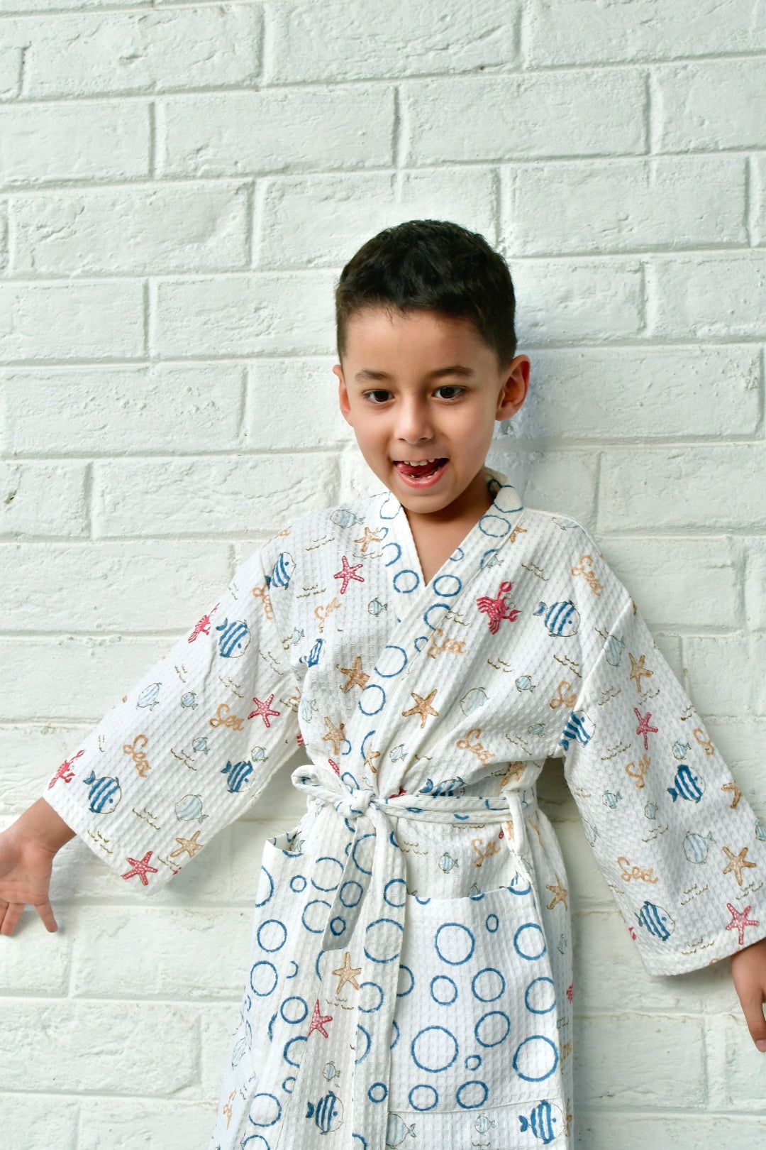 Kids HandBlock Premium Waffle Cotton Bathrobe Sea World Pattern Extra Large (8-10 years)
