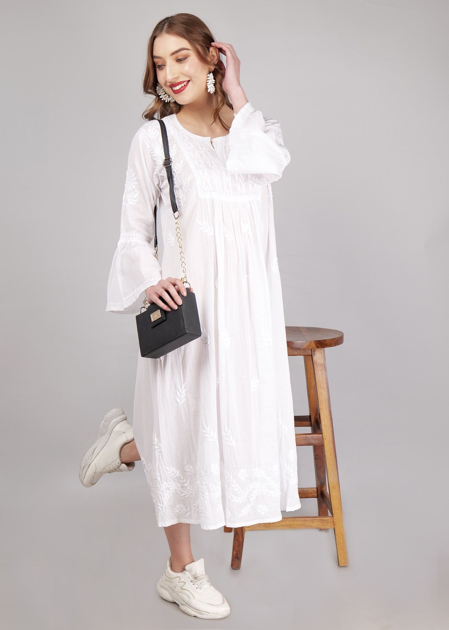 Mulmul Hand Embroidered Knee length Chikankari Dress White