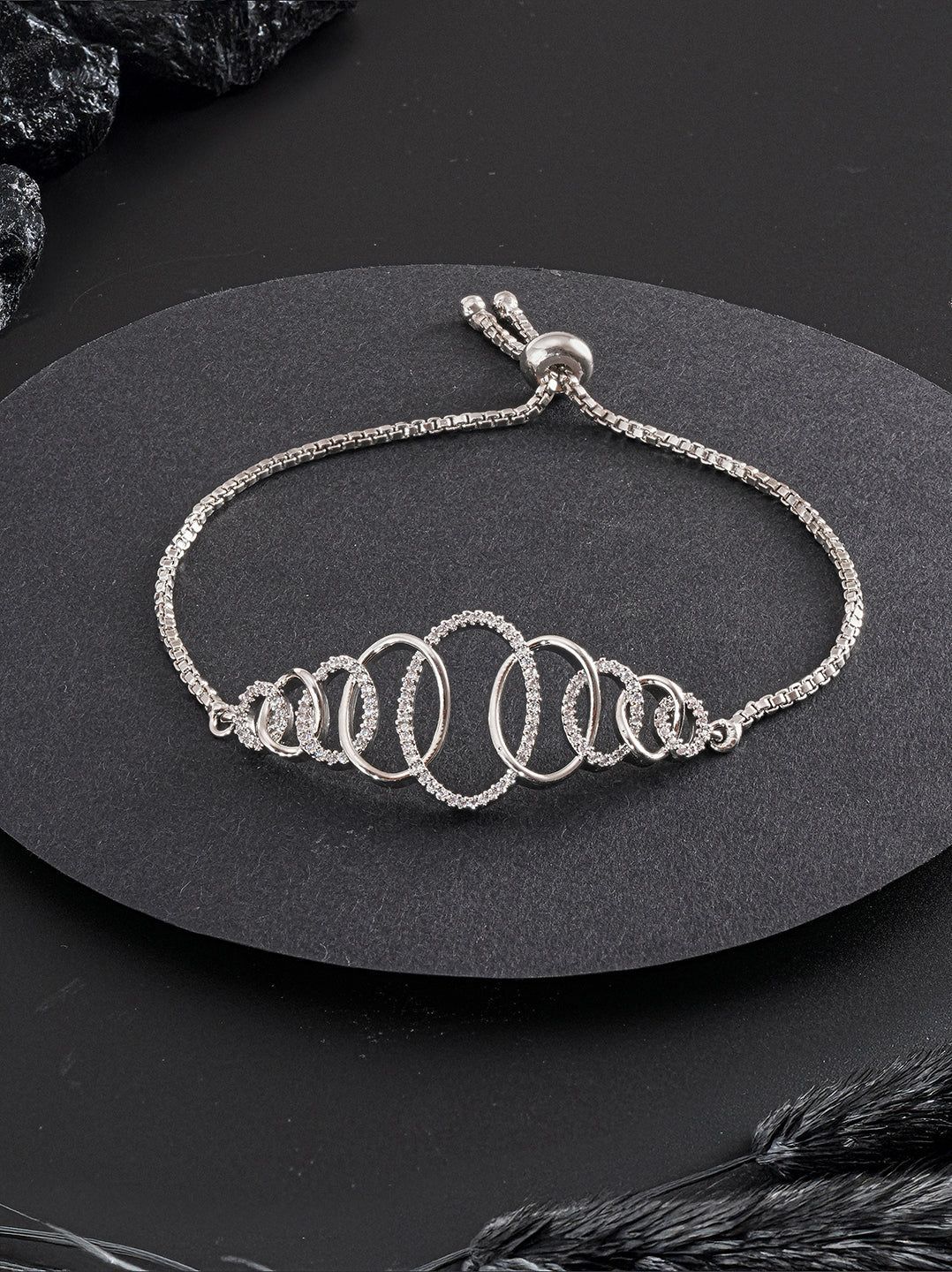 Rhodium Plated AD Studded Oval Link Adjustable Pull Chain Slider Bracelet