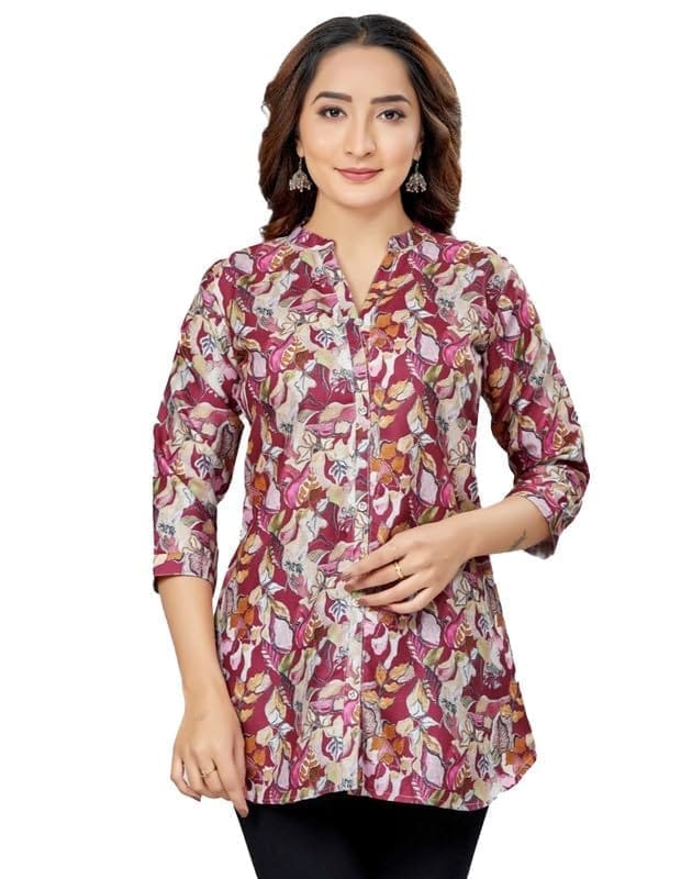 Women's Cotton Blend Mandarin Collar 3/4 Sleeves Short Top (Burgundy, L)-PID56231