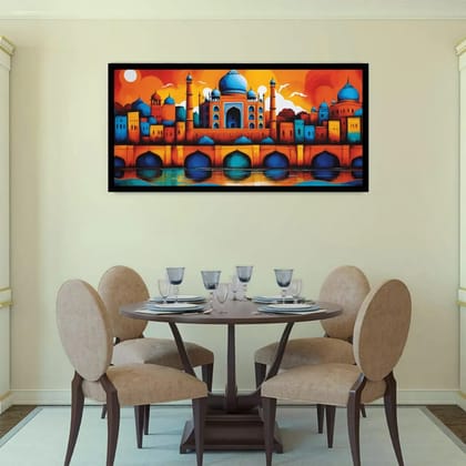 Luminary Eden Mirage  – Radiant Reflection Palace Museum-Quality Cotton Canvas Art for Elegant Dining Room Décor | Frame Size (127 X 69 Cm) | Frame Type (Black) | 5-Year Warranty