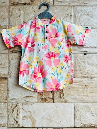 Kabir Kids Fashion Pink & Yellow Floral Printed Boys Kurta Shirt
