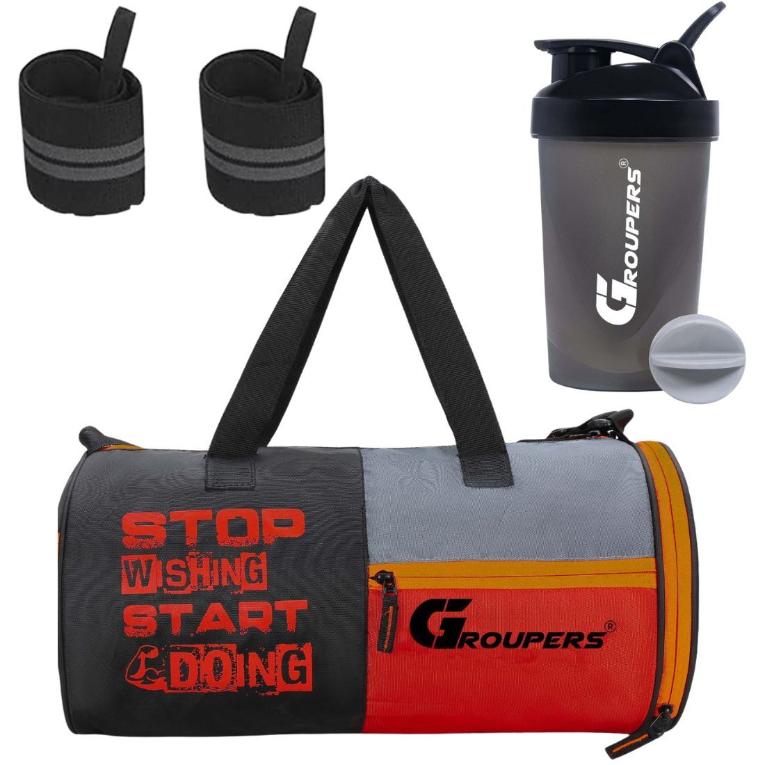 GROUPERS SWSD Duffel Bag l Gym Bags lWrist Band Support l Gym Shaker Bottle-400 ML (Black)