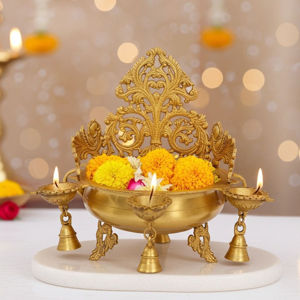 Brass Decorative Flower Urli - Gold Finish Metal Bowl, Diameter : 10 Inch (BSMAS1145 A)