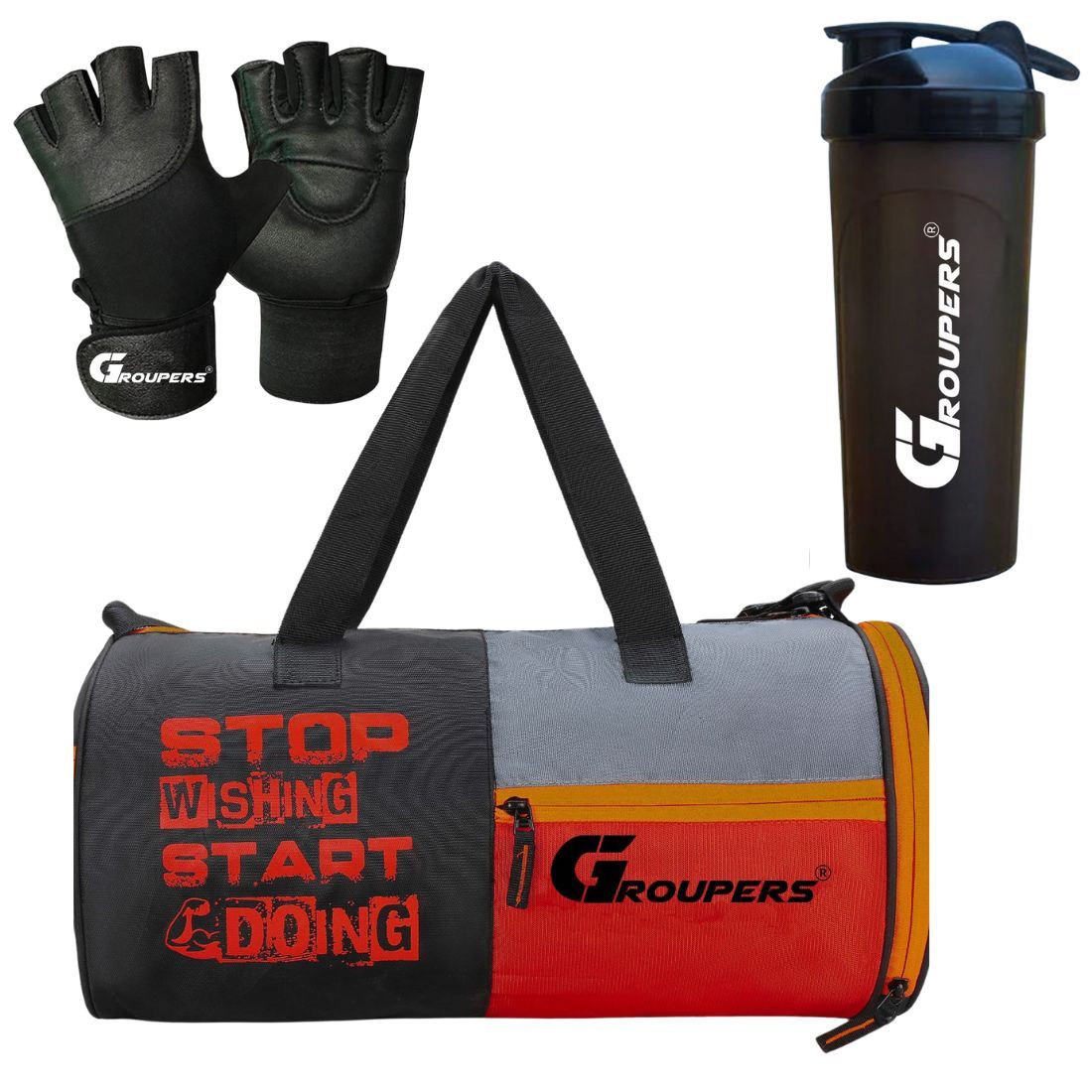 GROUPERS  Duffel Bag l Gym Bags l Gym Gloves l Gym Shaker Bottle-700 ML