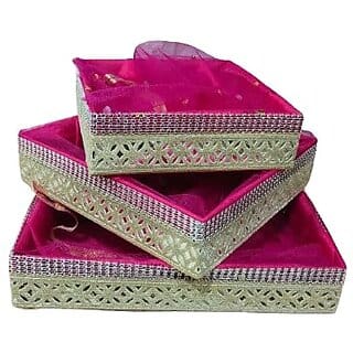 Pack of 3 Set Gift Organizer Baskets, Dry Fruit Gifting Box, Wedding Hamper Trays, Baby Shower Gift Packing, Color - RANI PINK