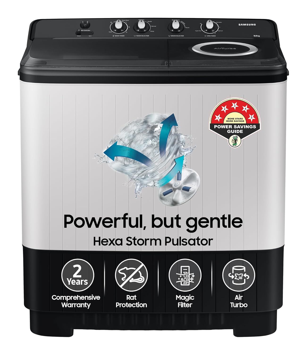 Samsung 10.5 kg, 5 star, Semi-Automatic Top Load Washing Machine (WT10C4260GG/TL, Air Turbo Drying, Light Gray, 2023 Model) Light Gray