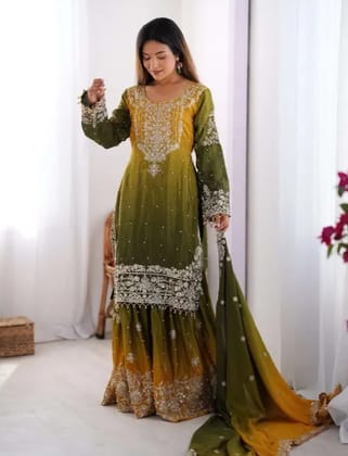Womens Chinon Silk Sequence With Rivet Moti Work Straight Kurta With Sharara and Dupatta Set Womens Chinon Silk Sequence With Rivet Moti Work Straight Kurta With Sharara and Dupatta Set