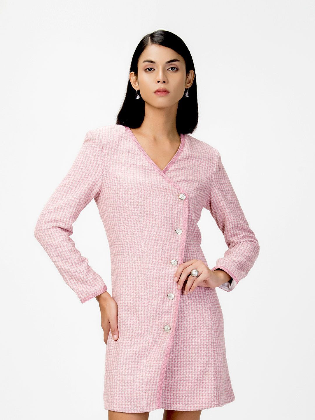 Plaid Winter Tweed Dress Pink