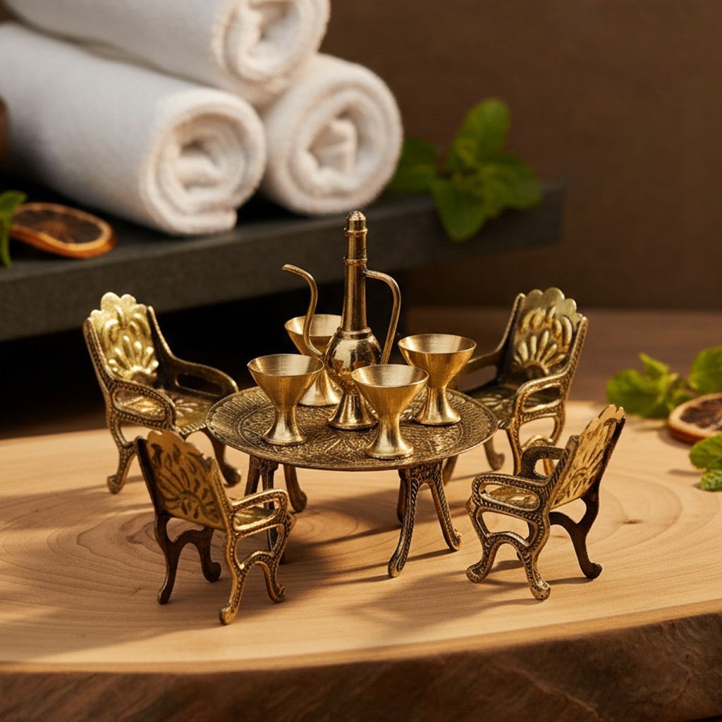 Brass Mini Dining Table Set | Miniature Toy | Collectible Home Decor, Height : 2.5 Inch (FMAS484 A)
