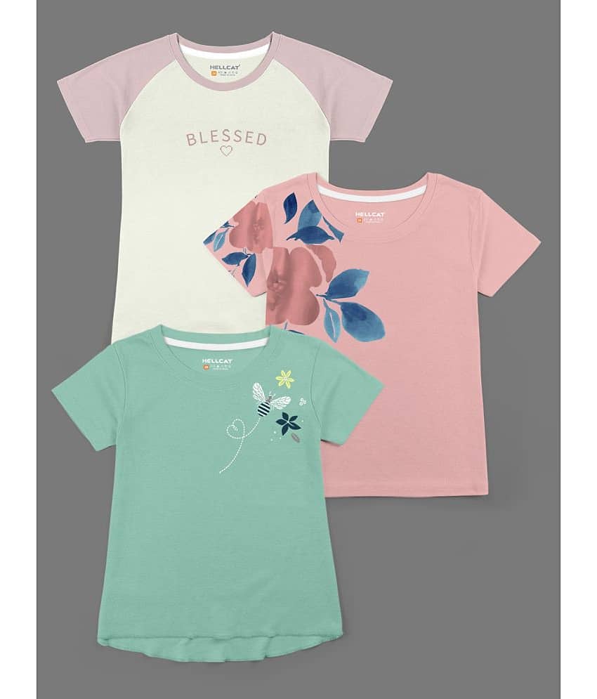 HELLCAT Girls Round Neck Printed Blended Cotton Tshirt -Combo Pack of 3 - Green_Purple
