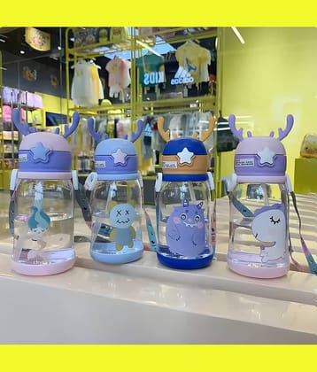 Radhe Creation Cartoon Water Bottle with Straw Multicolour Plastic School Water Bottle 600 mL ( Set of 1 )