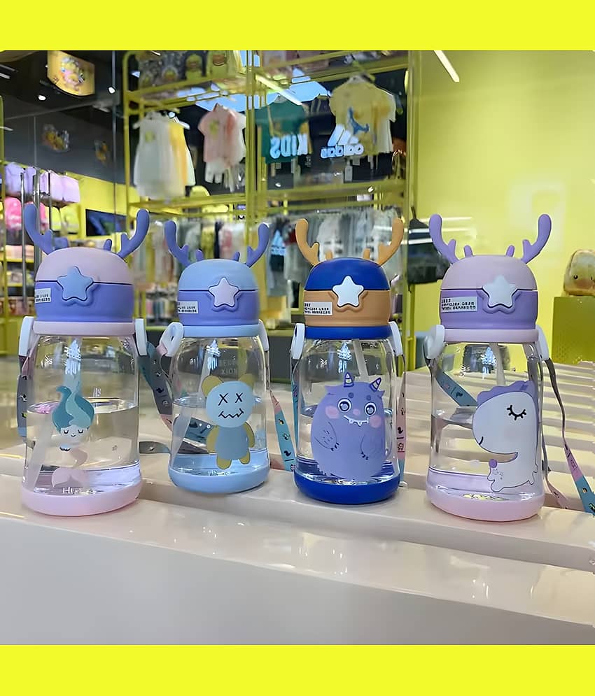 Radhe Creation Cartoon Water Bottle with Straw Multicolour Plastic School Water Bottle 600 mL ( Set of 1 )