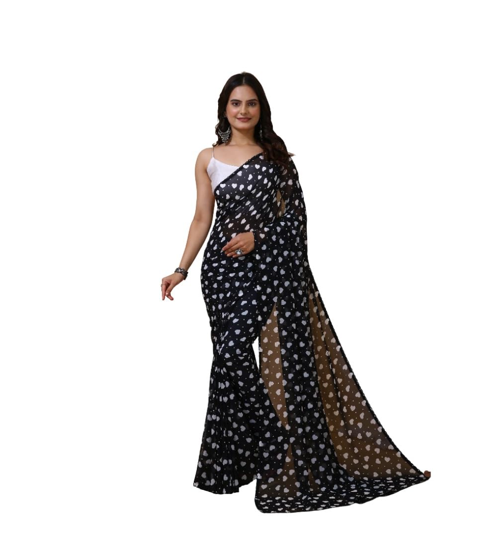 Women's Georgette Printed Saree With Unstitched Blouse 5.5Mtr (Black)-PID63034