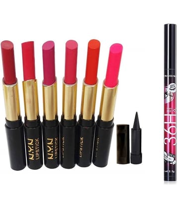 NYN Moisturzing Matte & Shiny Rich Col Lipstick Pack Of 6 Gift Pack Kajal with 36 hrs Eyeliner
