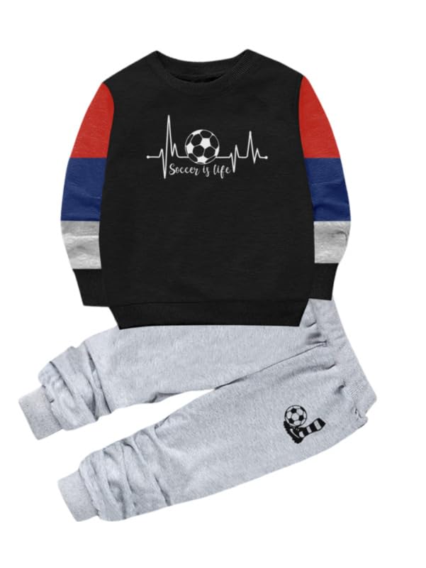Boy's Casual Full Sleeve Printed Cotton T Shirt With Pant (Black, 7-8-Yrs)-PID49324