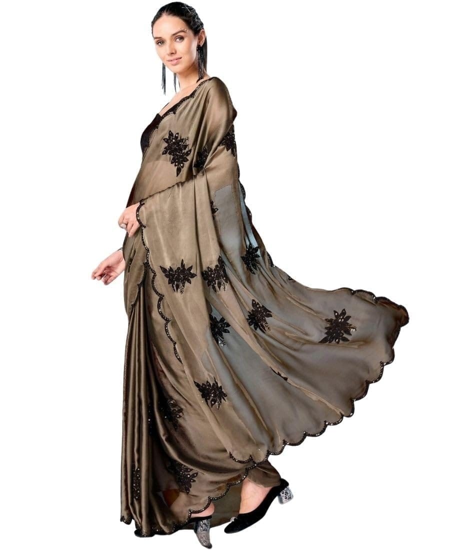Women's Viscose Silk Embroidered Saree With Unstitched Blouse 5.5Mtr (Beige)-PID67231