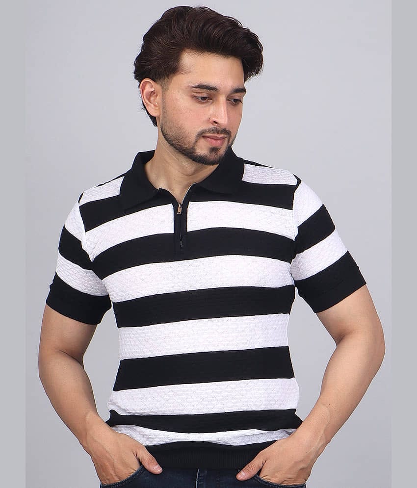 FEVERFEW Men Cotton Blend Regular Fit Striped Polo T Shirt ( Light Grey )