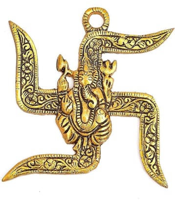 Metal Wall Hanging Of Lord Ganesha On Swastik Showpiece (Pack of 1)