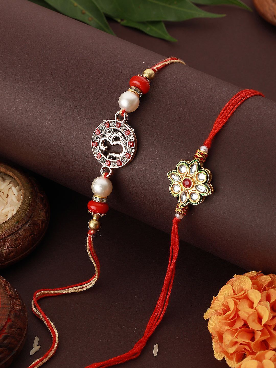 Set of 2 Kundan Studded OM Thread Rakhi with Roli Chawal
