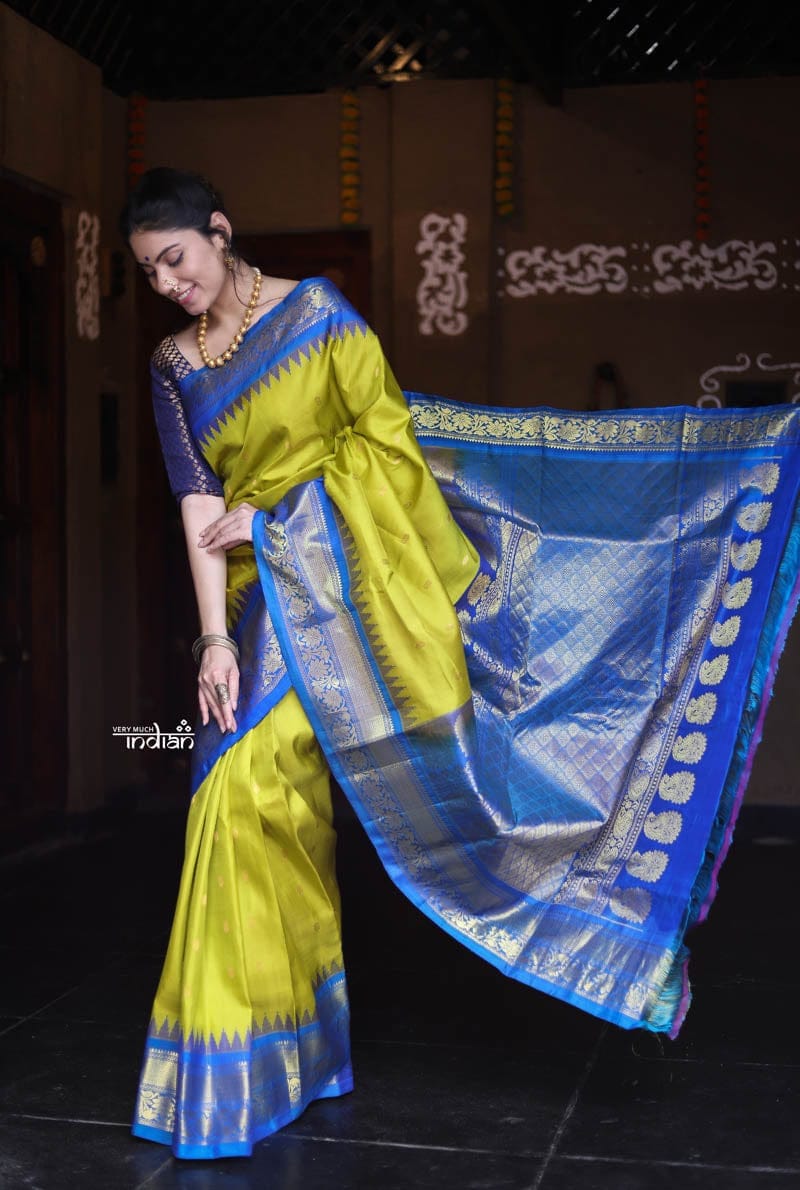 Utsaav ~ Gadwal Pure Silk Traditional Handloom Saree, Neon Green with Royal Blue Border, Authentic Pure Silk