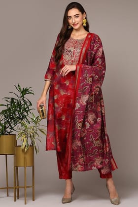 Plus Size Maroon Silk Blend Printed Straight Suit Set PKSKD1987