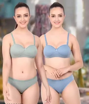 WildGirls - Bra & Panty Set Solid Green, Blue Lingerie Sets (Pack Of 2) - Padded Half Cup