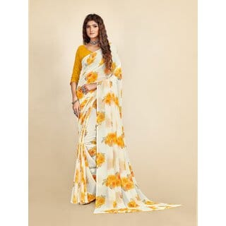SVB Sarees Womens Yellow And White Colour Floral Printed Saree