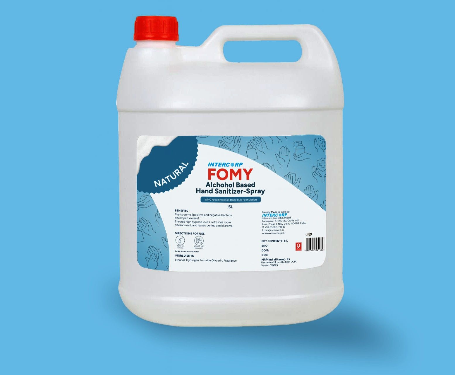 Intercorp Fomy 75% Isopropyl Alcohol-based Hand Rub Sanitizer and Disinfectant, Jumbo Saver Pack - 5 Litre (Natural)
