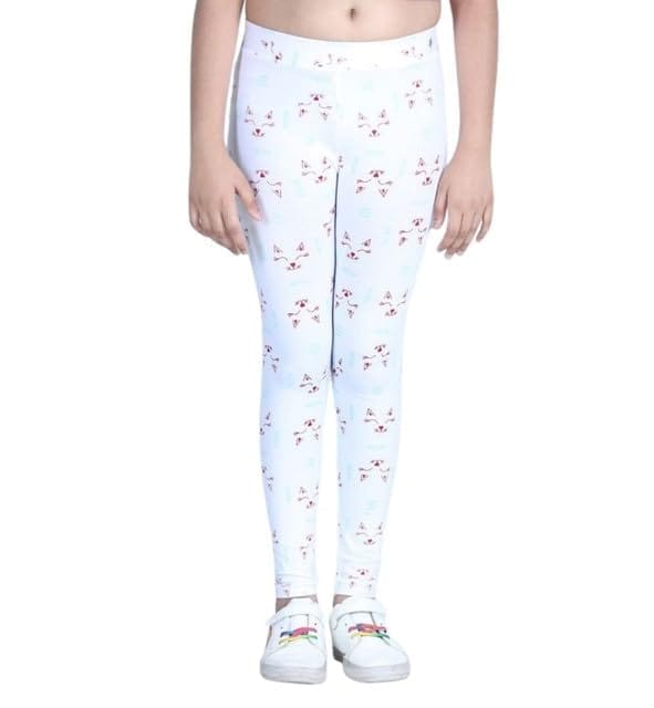 Girl's Cotton Blended Printed Elasticated Leggings (White, 7-8-Yrs)-PID66134